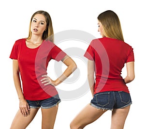 Young woman wearing blank red shirt