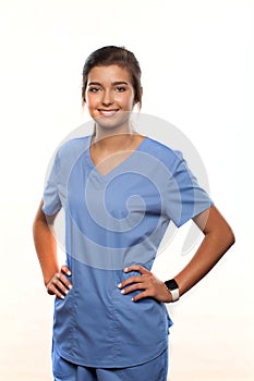 Young Woman Wearing Blue Medical Scrubs