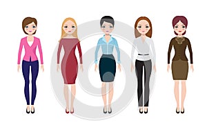 Young woman wearing in casual european suits. Adult business women in blouse, skirt and pants vector set