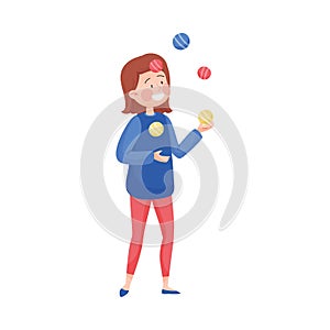 Young Woman Wearing Circus Wear Juggling with Balls Vector Illustration