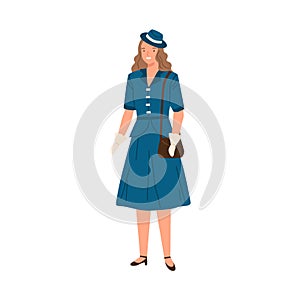 Young woman wearing dress, hat and gloves in 40s style. Fashionable female character with bag in retro stylish apparel