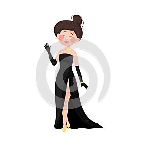 Young Woman Wearing Evening Dress Waving Hand at Red Carpet Event Vector Illustration