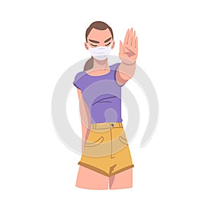 Young Woman Wearing Face Mask Showing Stop Virus Sign with Her Hand Vector Illustration