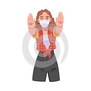 Young Woman Wearing Face Mask Showing Stop Virus Sign with Her Hand Vector Illustration