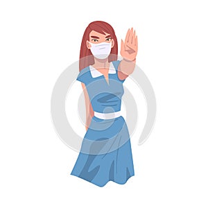 Young Woman Wearing Face Mask Showing Stop Virus Sign with Her Hand Vector Illustration