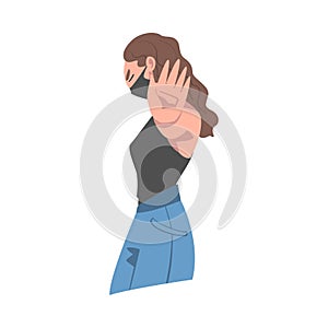 Young Woman Wearing Face Mask Showing Stop Virus Sign with Her Hand Vector Illustration