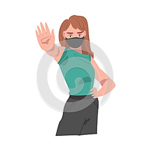 Young Woman Wearing Face Mask Showing Stop Virus Sign with Her Hand Vector Illustration