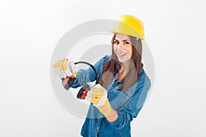 Young woman wearing full protective gear