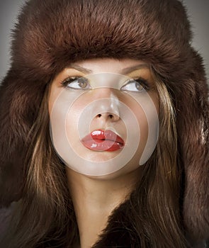 Young Woman wearing Fur Hat