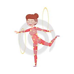 Young Woman Wearing Gymnast Wear Juggling with Hoops Vector Illustration