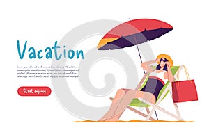 Young woman wearing hat and sunglasses sitting in lounge deck chair at the beach and relaxing. Vector illustration