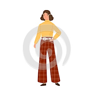 Young woman wearing hippie clothes in 70s decade style. Female character in retro flared trousers and fashionable photo