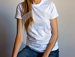 A young woman wearing jeans and a white t - shirt