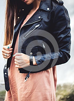 Young woman wearing leather jacket, man, fashion, style