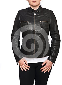 Young woman wearing leather motorcycle jacket