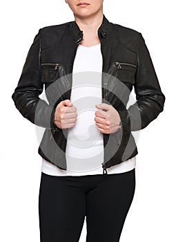 Young woman wearing leather motorcycle jacket