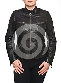 Young woman wearing leather motorcycle jacket