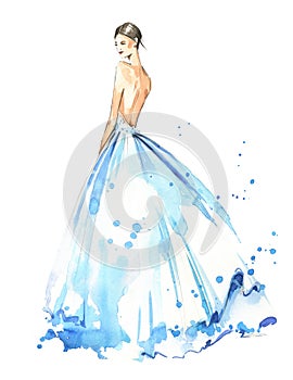 Young woman wearing long evening dress, bride. Watercolor illustration