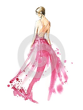 Young woman wearing long evening dress, bride. Watercolor illustration