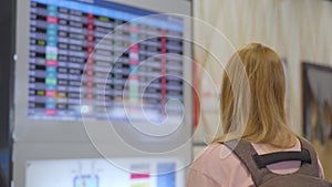 A young woman wearing a medical face mask in an airport stands in a hall in front of a flight schedule monitor. The