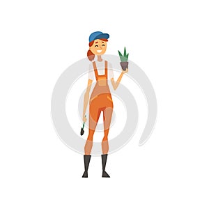 Young Woman Wearing Overalls Holding Flower Pot, Girl Gardener Character at Work Vector Illustration