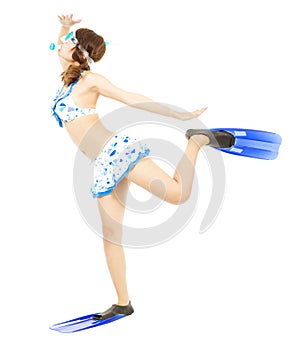 Young woman wearing scuba diving equipment and funny pose