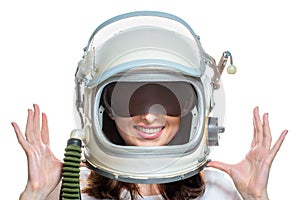 Young woman wearing space helmet isolated on white background