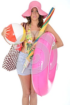 Young Woman Wearing a Swim Suit on Holiday Carrying a Beach Ball