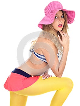 Young Woman Wearing Vintage Bikini and a Straw Sun Hat