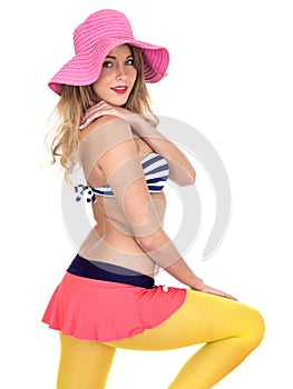 Young Woman Wearing Vintage Bikini and a Straw Sun Hat