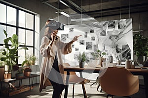 Young woman wearing virtual reality glasses in modern interior design coworking studio. By generative Ai