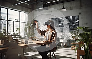 Young woman wearing virtual reality glasses in modern interior design coworking studio. By generative Ai