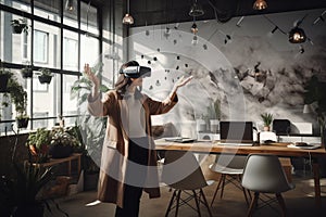 Young woman wearing virtual reality glasses in modern interior design coworking studio. By generative Ai