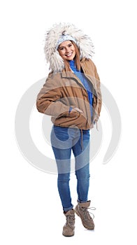 Young woman wearing warm clothes on white background. Ready for winter