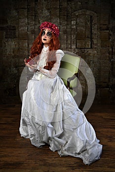 Young Woman in Wedding Dress Inside Castle