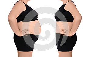 Young woman before and after weight loss on white background