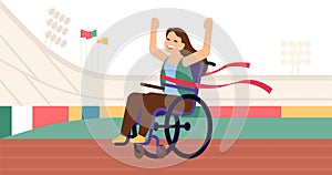 Young woman in wheelchair crosses red finish line. Race for handicapped. Paralympic competition. Tournament winner