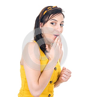 Young woman whispering, isolated on white background. Secret telling