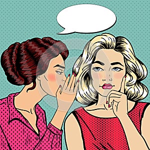 Young Woman Whispering Secret to her Friend. Pop Art