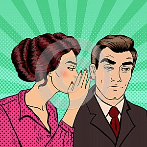 Young Woman Whispering Secret to her Husband. Pop Art