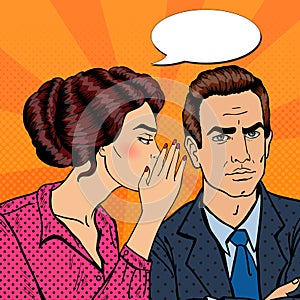 Young Woman Whispering Secret to her Husband. Pop Art