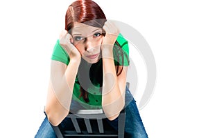 Young woman with white background being bored