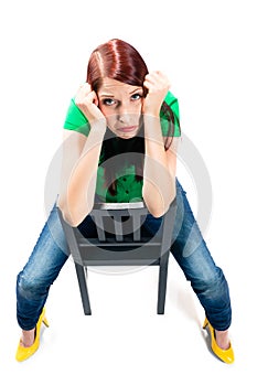 Young woman with white background being bored