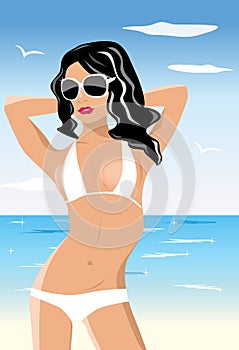 Young Woman in White Bikini and Sunglasses