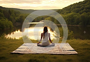 Young woman in white clothes meditate and contemplates the beauty of nature