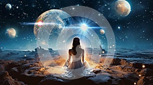 young woman in white dress on earth a watching the surface of the moon,planet nebula