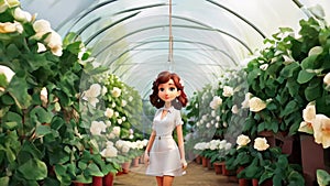 Young woman in a white dress exploring a greenhouse with white roses. Smiling lady in a vibrant glasshouse setting