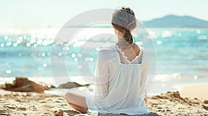 Young woman in white dress seating on the beach looking at the ocean meditating. Tranquil relaxing atmosphere