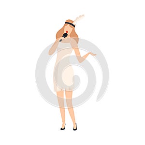 Young Woman in White Dress Singing with Microph Beautiful Female Jazz Singer Vector Illustration