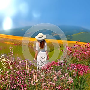 Young woman in white dress sun flares  summer nature landscape  wild field grass and colorful flowers on horizon,art Monet style